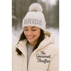 Shiraleah BRIDE Rhinestone White Knit Beanie Faux Fur Pom Pom Winter Hat